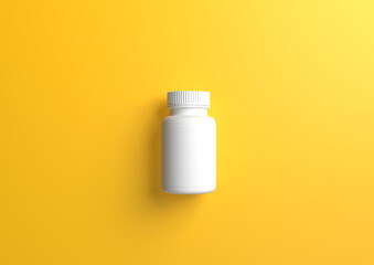 White bottle for pills on a yellow background. 3d rendering illustration