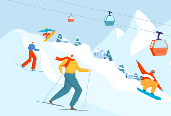 Winter holiday mountain sport activity, tourist people group together ski mountain descent and snowboard training flat vector illustration.