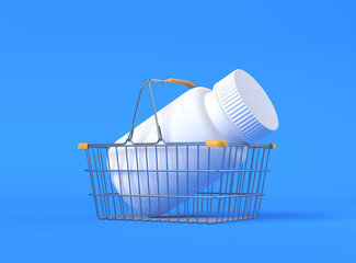 Pharmacy bottle in shopping basket on blue background. Pharmacy medicine concept. 3d render illustration