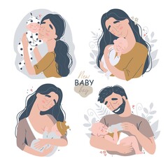Young happy parents hug their newborn baby. Family clipart