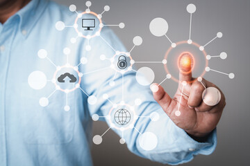 smart ideas creative hand touching technology Fingerprints protection showing business presentation internet network conceptual, concept design drawing network analysis presonal protect data system.