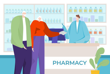 Lovely old couple buy medical pharmacy drug, people character stand line queue register shop drugstore flat vector illustration.