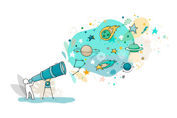 Sketch illustration - man with telescope. © sapunkele