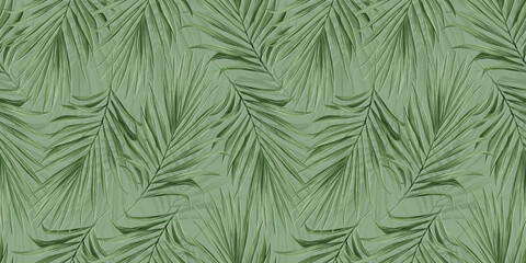 Tropical exotic seamless pattern with green color palm leaves. Hand-drawn vintage illustration, Glamorous background jungle design. Good for wallpapers, cloth, fabric printing