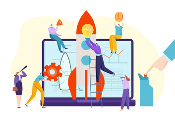 Teamwork business activity, startup modern application development, people character biz idea flat vector illustration, isolated on white.