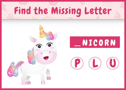 educational spelling game for kids find missing letter with a cute unicorn