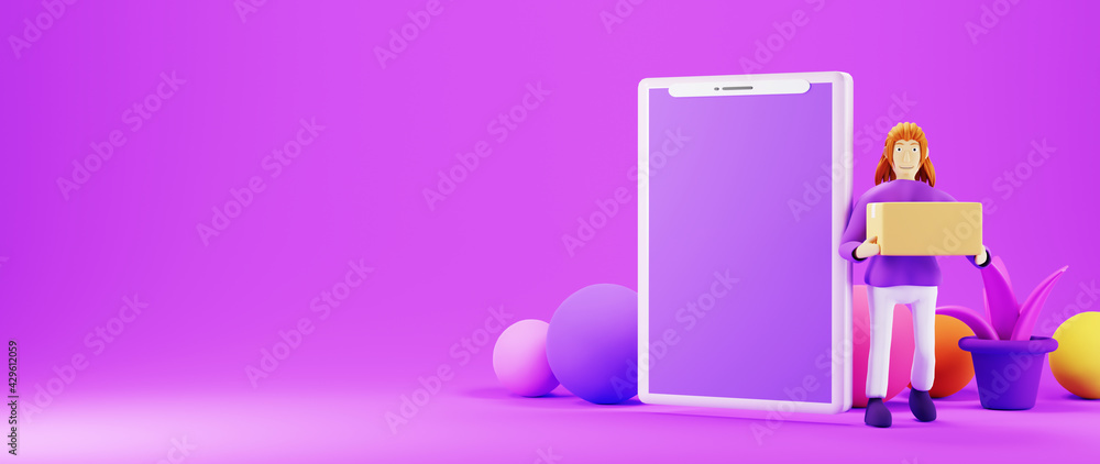 Poster 3d render of mobile and a woman with a parcel box. business online mobile and e-commerce on web shop