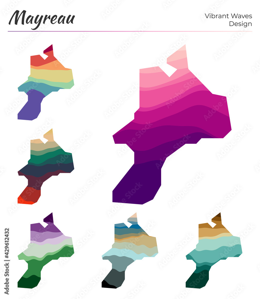 Poster set of vector maps of mayreau. vibrant waves design. bright map of island in geometric smooth curves