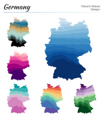 Set of vector maps of Germany. Vibrant waves design. Bright map of the country in geometric smooth curves style. Multicolored Germany map for your design. Artistic vector illustration.