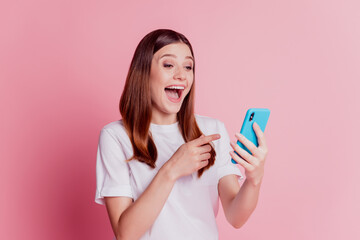 Photo of girl use cellphone direct screen finger excited emotion