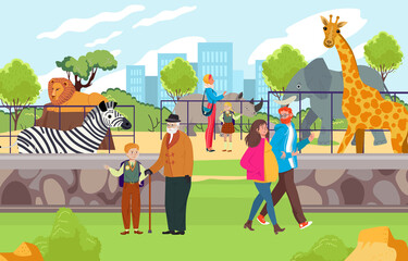 Happy cheerful family time spending in zoo, people character observe wild tropical zebra, giraffe and lion animal flat vector illustration. - obrazy, fototapety, plakaty