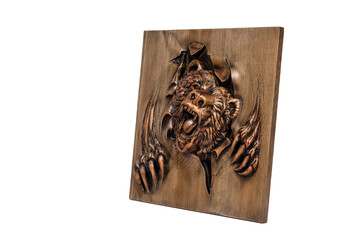 Handmade wooden panel made of oak with the image of a bear and a tiger. Painting for the interior.