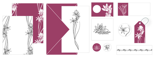 A set of greeting cards, invitations with delicate floral arrangements. Spring flowers. Romance.
