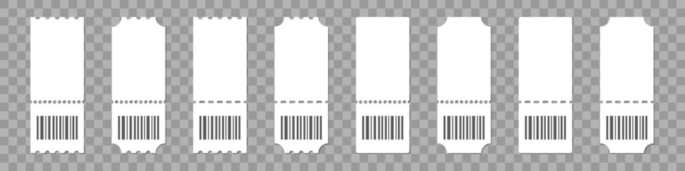 Set of ticket template with barcode on a transparent background
