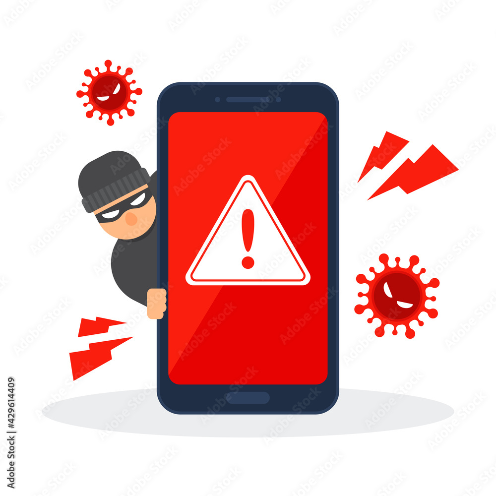 Poster smartphone with error detection. danger warning on mobile. emergency alert of threat by malware, vir