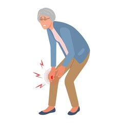 Elderly person with knee pain or injury. Leg injury. Аrthritis,osteoarthritis knee senior.Vector illustration in cartoon style