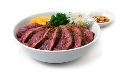 Beef Steak Medium Rare ontop Spicy Basil Stir Fried Rice