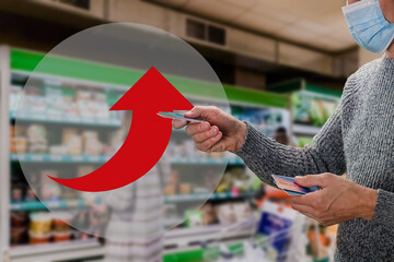Guy in protective mask prefer bank card payment to avoid covid-19 spreading. the arrow shows the...