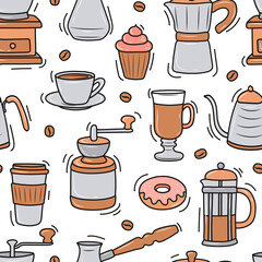 Coffee pattern with various coffee makers and desserts on a white background. Doodle sketch style. Vector illustration for coffee shops, cafes. cute cartoon pictures.