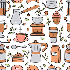 Coffee pattern with various coffee makers and desserts on a white background. Doodle sketch style. Vector illustration for coffee shops, cafes. cute cartoon pictures.