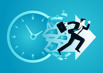 vector illustration of businessman breaking a o clock face running for a profit. describe time is money, compete, move and faster. business concept illustration