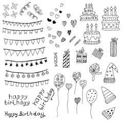 set of accessories for the holidays, birthday accessories. Vector illustration. Isolated. Coloring pages for adults and children. Cartoon. Hand-drawn doodle style. Can be used in your projects in