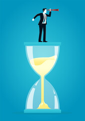 vector illustration of businessman standing and telescoping above hourglass. describe time management, compete, move and faster. business concept illustration