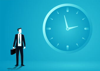 vector illustration of businessman standing and watching a big o clock. describe time management, compete, move and faster. business concept illustration