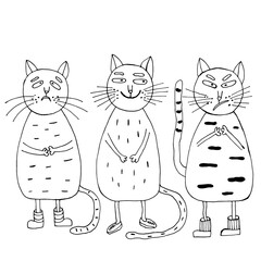 cats, sad cat, evil cat and kind cat smiles. Vector illustration. Isolated. Can be used in your projects in banners and posters. Cartoon. Coloring pages for adults and children. Hand-drawn doodle