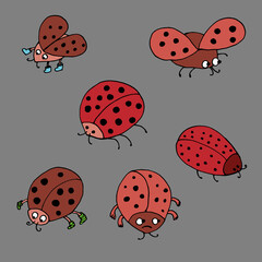 funny ladybugs. Vector illustration. Isolated. Coloring pages for adults and children. Cartoon. Hand-drawn doodle style. Can be used in your projects in banners and posters.