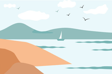 In summer, the blue sea landscape, clouds, mountains and seagulls on the horizon.