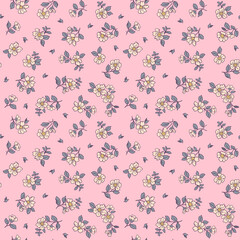 Vintage floral background. Floral pattern with small white flowers on pink background. Seamless pattern for design and fashion prints. Ditsy style. Stock vector illustration.