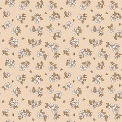 Trendy seamless vector floral pattern. Endless print made of small white flowers. Summer and spring motifs. Beige background. Stock vector illustration.