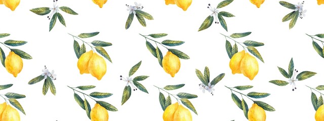 Seamless pattern with watercolor lemons, slices, green leaves on white background. For design, print, textile, fabric, cards, baby design