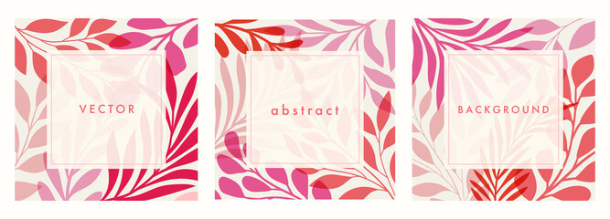 Set of square template with botanical elements. Modern vector floral illustration for print design, social media post, web ads. Abstract plant background.