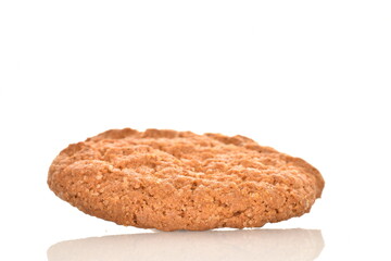 One fragrant dark brown oatmeal cookie, close-up, isolated on white.