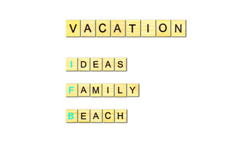 Abbreviations VACATION- phrase from wooden blocks with letters, meaningful statements concept, word from wooden blocks with letters, VACATION concept, on white background.