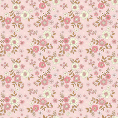 Floral pattern. Pretty flowers on pink background. Printing with small white and bright pink flowers. Ditsy print. Seamless vector texture. Spring bouquet. Stock vector.