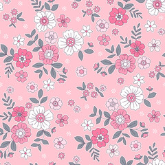 Fototapeta na wymiar Seamless floral pattern. Ditsy background of small white and bright pink flowers. Small-scale flowers scattered over a pink background. Stock vector for printing on surfaces and web design.