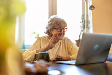 Happy senior woman using laptop at home
 - obrazy, fototapety, plakaty