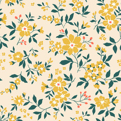 Cute floral pattern in the small flower. Seamless vector texture. Elegant template for fashion prints. Printing with small pale yellow flowers. Light beige background. Stock print.