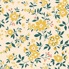 Abwaschbare Fototapete Cute floral pattern in the small flower. Seamless vector texture. Elegant template for fashion prints. Printing with small pale yellow flowers. Light beige background. Stock print. © ann_and_pen