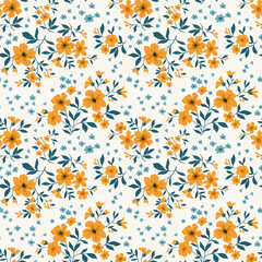 Trendy seamless vector floral pattern. Endless print made of small yellow flowers. Summer and spring motifs. White background. Stock vector illustration.