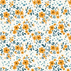 Behang Kleine bloemen Trendy naadloze vector bloemmotief. Eindeloze print gemaakt van kleine gele bloemen. Zomer- en lentemotieven. Witte achtergrond. Voorraad vectorillustratie.