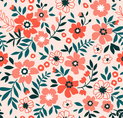 Fototapeta na wymiar Vintage floral background. Floral pattern with small bright orange flowers on a coral background. Seamless pattern for design and fashion prints. Ditsy style. Stock vector illustration.