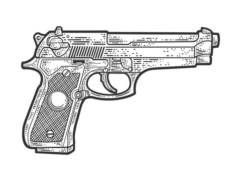 Beretta 92 pistol historical sketch engraving vector illustration. T-shirt apparel print design. Scratch board imitation. Black and white hand drawn image.