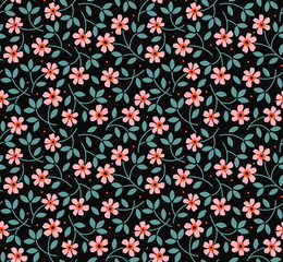 Seamless floral pattern. Ditsy background of small pink flowers. Small-scale flowers scattered over a black background. Stock vector for printing on surfaces and web design.