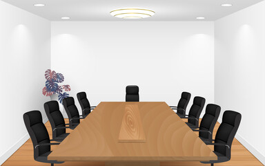 wooden conference table and chairs in the white room