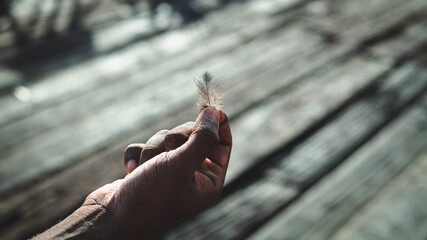 Holding a small feather by a male hand, a great picture for creating memes and copy space for adding texts.