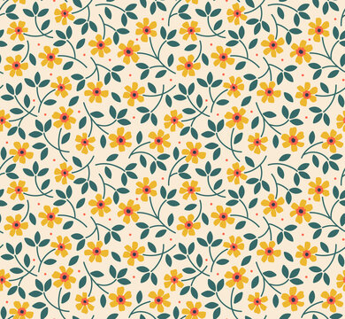 Vector seamless pattern. Pretty pattern in small flowers. Small yellow flowers. White background. Ditsy floral background. The elegant the template for fashion prints. Stock vector.